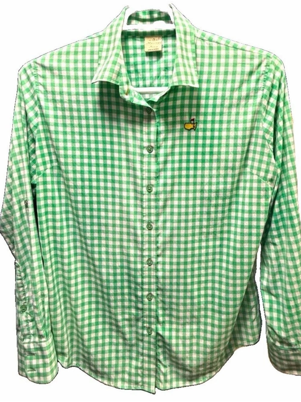 Peter Millar Men's Large Green Gingham Button-Up Shirt with Logo